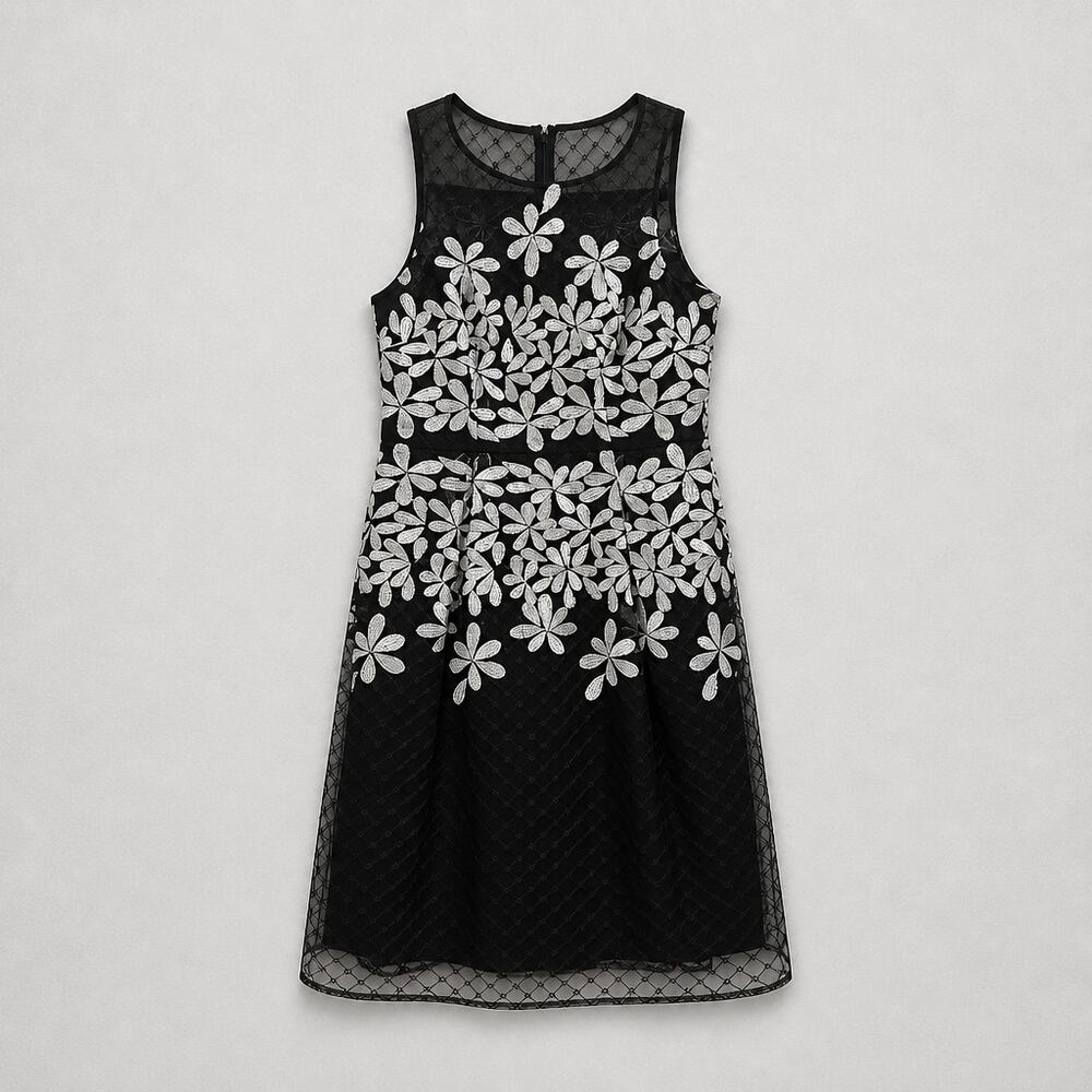 Adrianna Papell Bordered Embroidered Formal Black & White  Dress